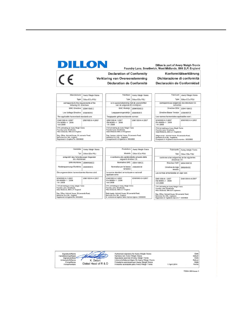 8 declaration of conformity (edx psu), Declaration of conformity (edx psu) | Dillon Quick-Check Wire Tension Meter (Red) User Manual | Page 9 / 38