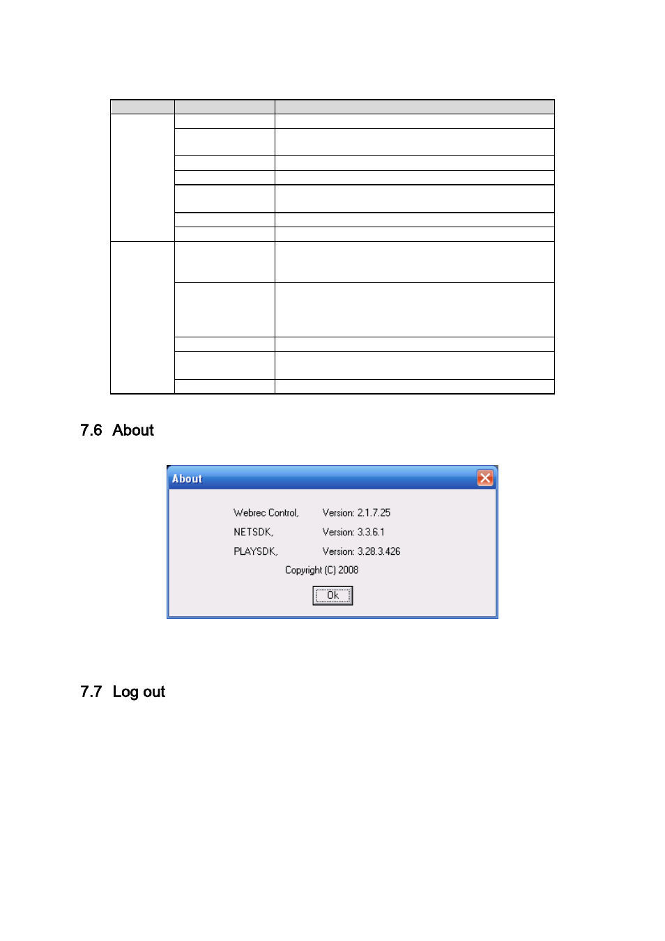 About, Log out, 6 about | 7 log out | DVR systems DVR31xxH Series User Manual | Page 123 / 146