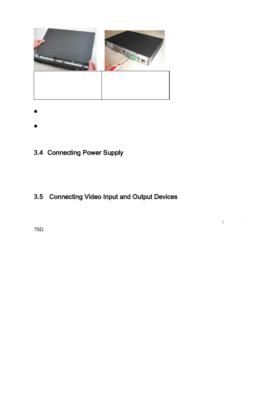 Connecting power supply, Connecting video input and output devices, Connecting video input | 4 connecting power supply, 5 connecting video input and output devices | DVR systems DVR31xxH Series User Manual | Page 23 / 146