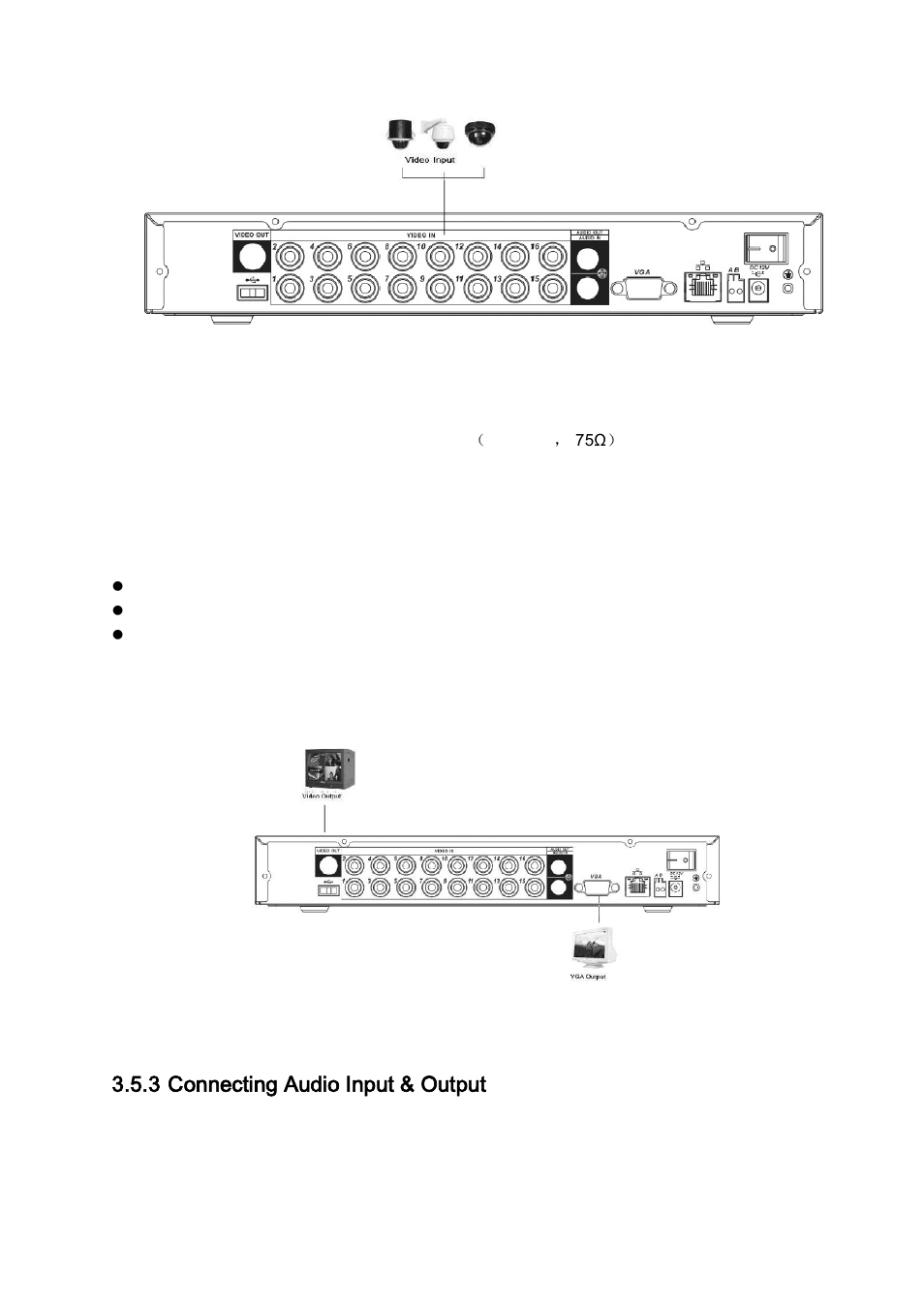 Connecting video output, 3 connecting audio input & output, Audio input | DVR systems DVR31xxH Series User Manual | Page 24 / 146