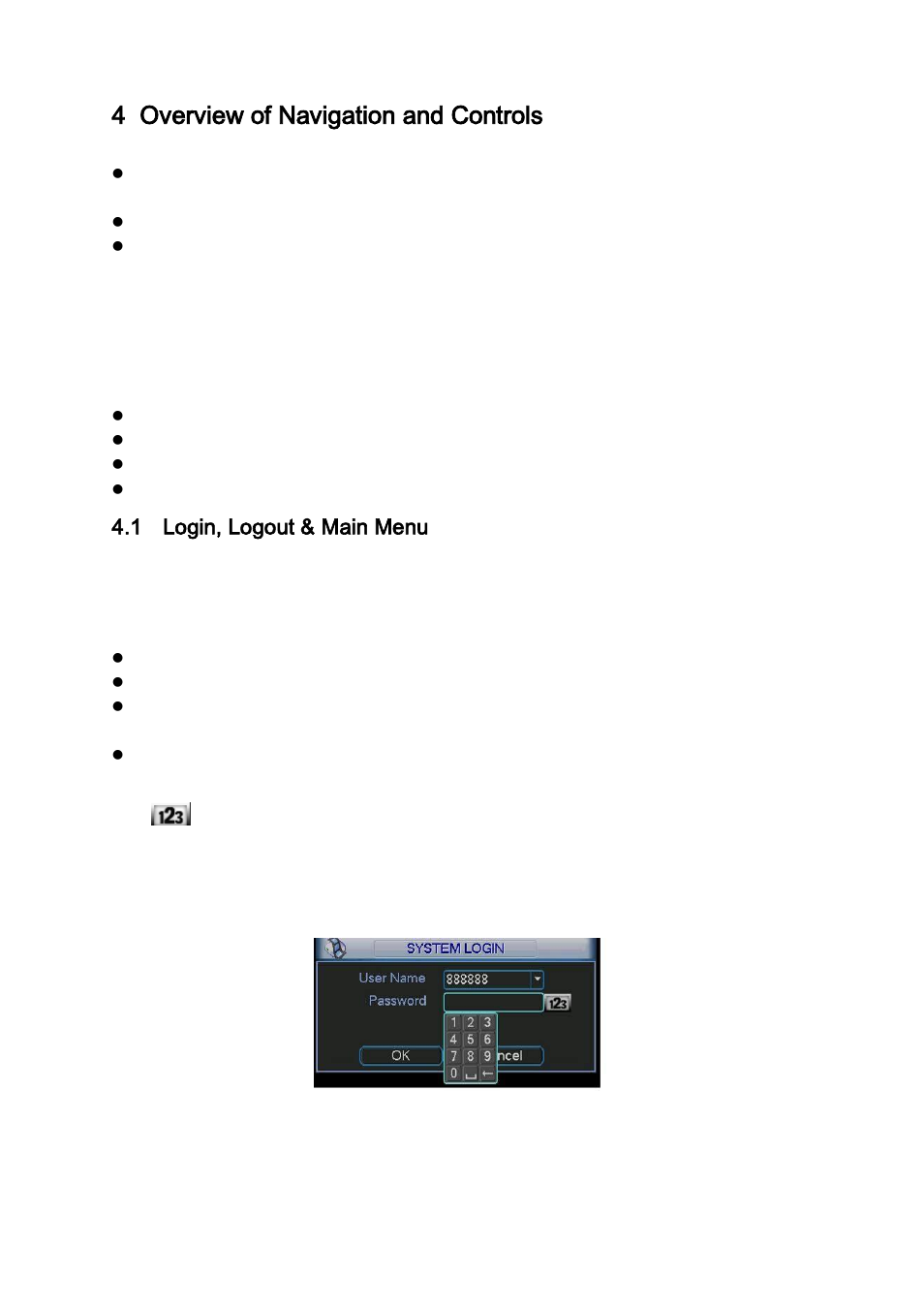Overview of navigation and controls, Login, logout & main menu, Login | Main menu, 4 overview of navigation and controls, 1 login, logout & main menu | DVR systems DVR31xxH Series User Manual | Page 27 / 146