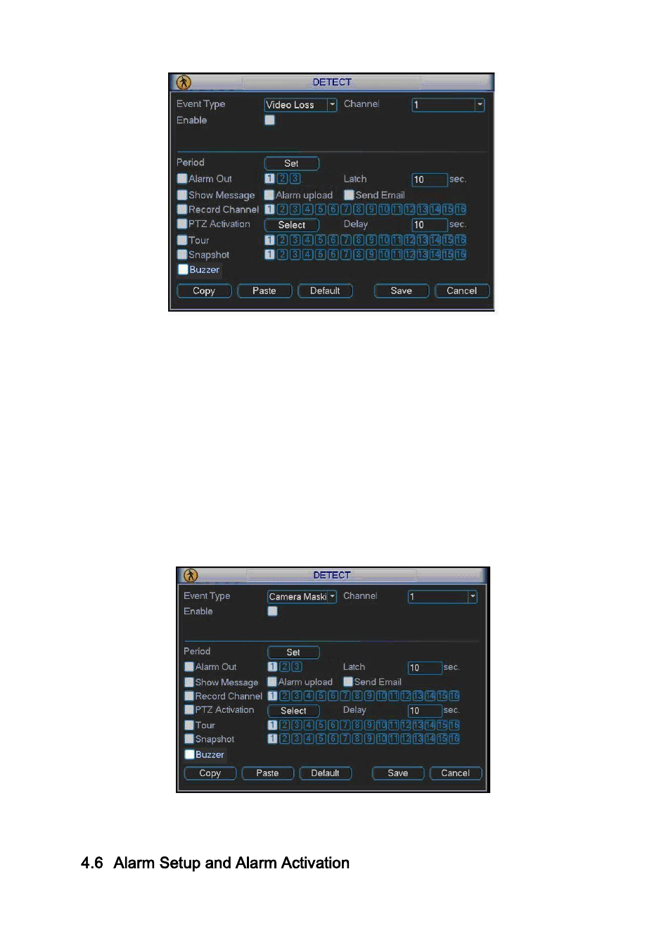 4 camera masking, Alarm setup and alarm activation, 6 alarm setup and alarm activation | DVR systems DVR31xxH Series User Manual | Page 42 / 146