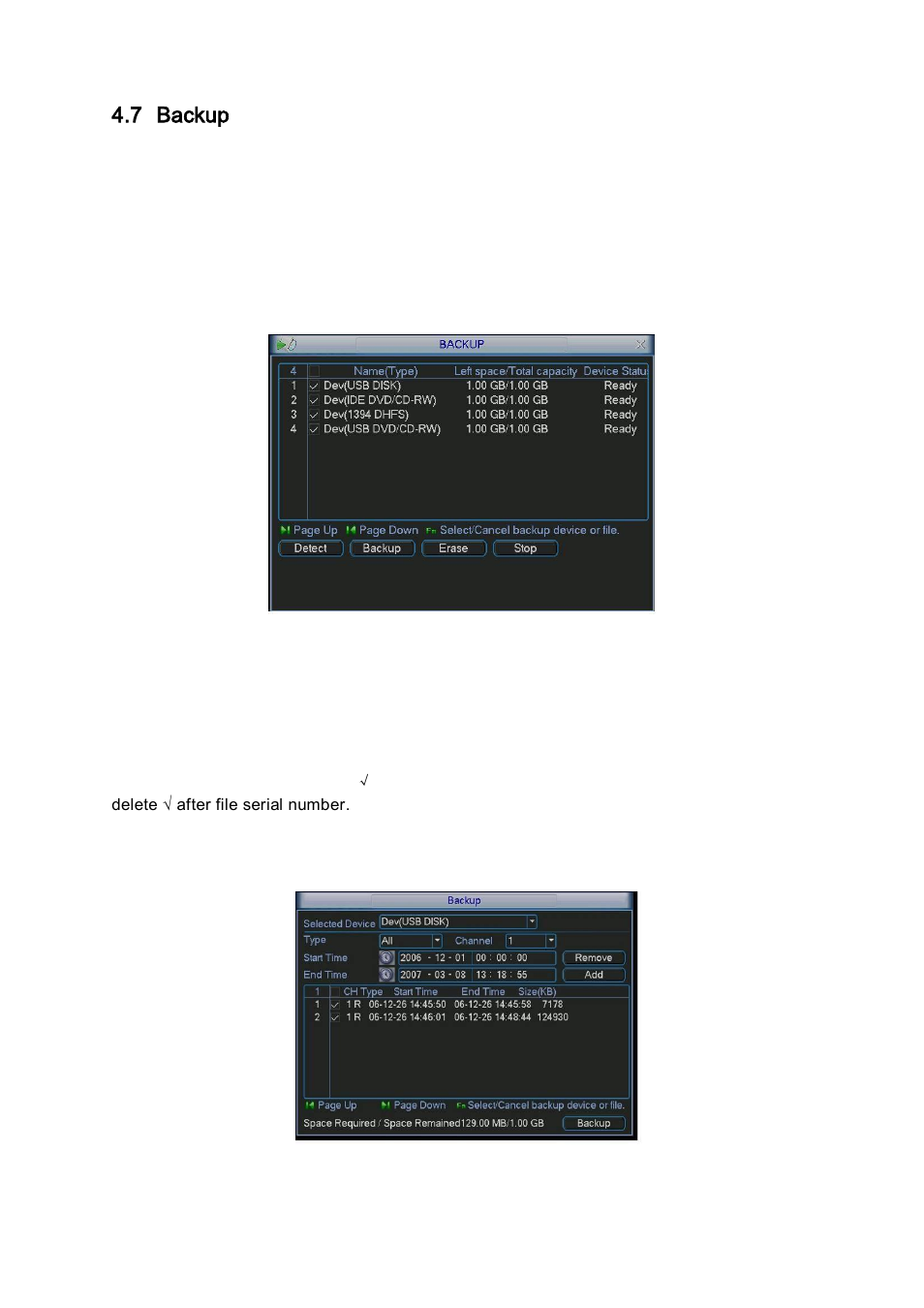 Backup, 1 detect device, 7 backup | DVR systems DVR31xxH Series User Manual | Page 45 / 146