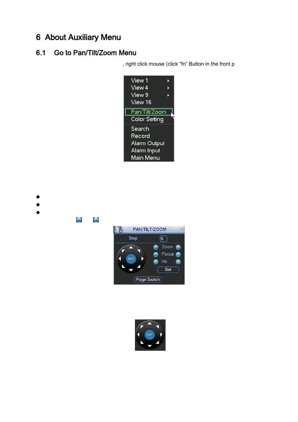 About auxiliary menu, Go to pan/tilt/zoom menu, 3d intelligent positioning key | 6 about auxiliary menu, 1 go to pan/tilt/zoom menu | DVR systems DVR31xxH Series User Manual | Page 77 / 146
