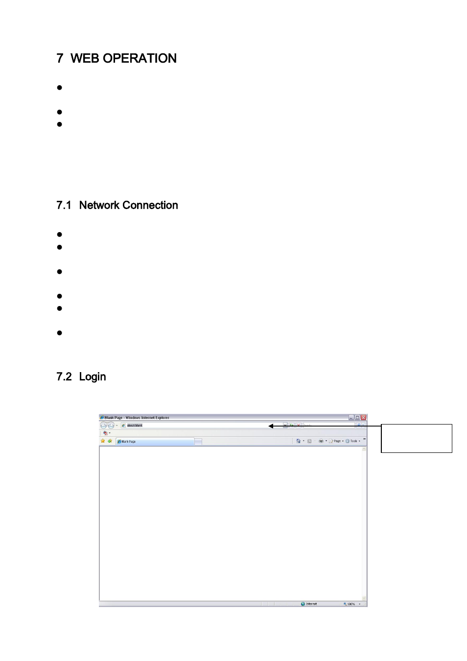 Web operation, Network connection, Login | 7 web operation, 1 network connection, 2 login | DVR systems DVR31xxH Series User Manual | Page 82 / 146
