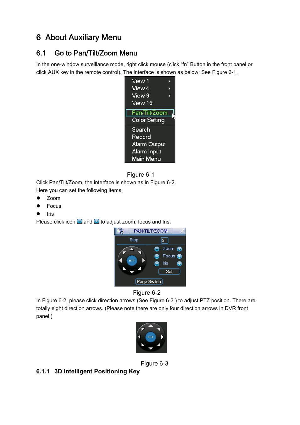 6 about auxiliary menu, 1 go to pan/tilt/zoom menu | DVR systems DVRxx04HF-A Series User Manual | Page 111 / 181