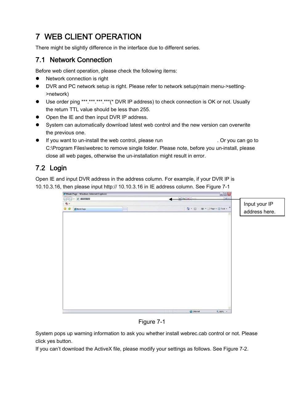 7 web client operation, 1 network connection, 2 login | DVR systems DVRxx04HF-A Series User Manual | Page 116 / 181