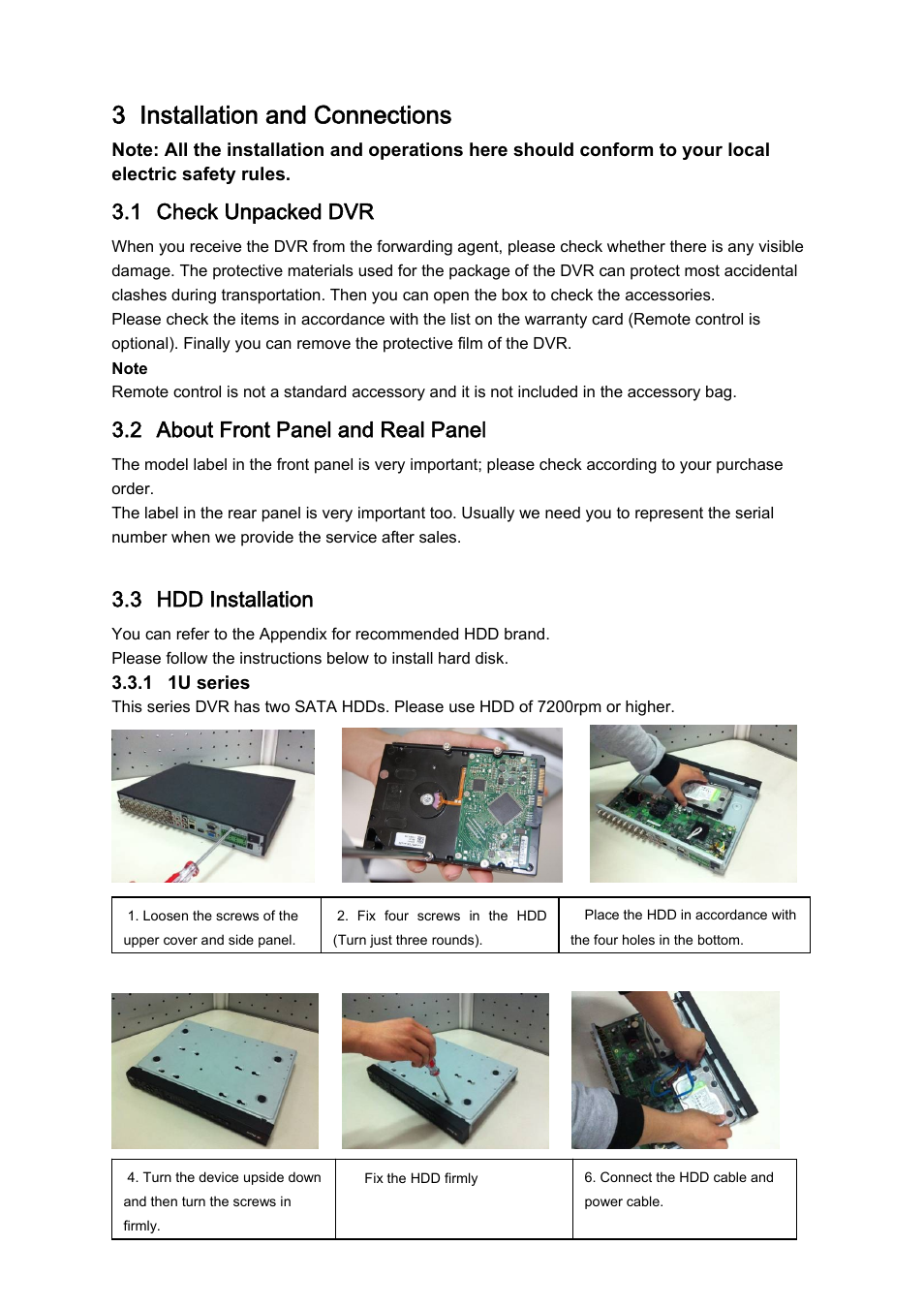 3 installation and connections, 1 check unpacked dvr, 2 about front panel and real panel | 3 hdd installation | DVR systems DVRxx04HF-A Series User Manual | Page 38 / 181