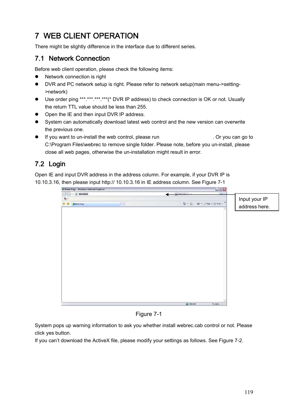 7 web client operation, 1 network connection, 2 login | DVR systems DVRxx04HF-S Series User Manual | Page 129 / 194