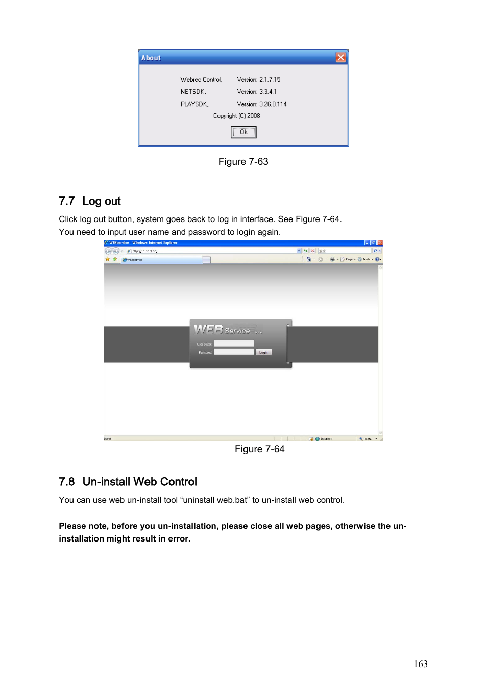 7 log out, 8 un-install web control | DVR systems DVRxx04HF-S Series User Manual | Page 173 / 194