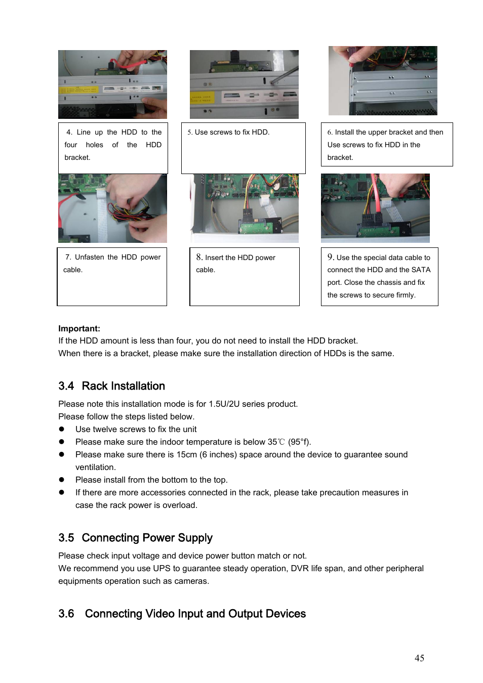 4 rack installation, 5 connecting power supply, 6 connecting video input and output devices | DVR systems DVRxx04HF-S Series User Manual | Page 55 / 194