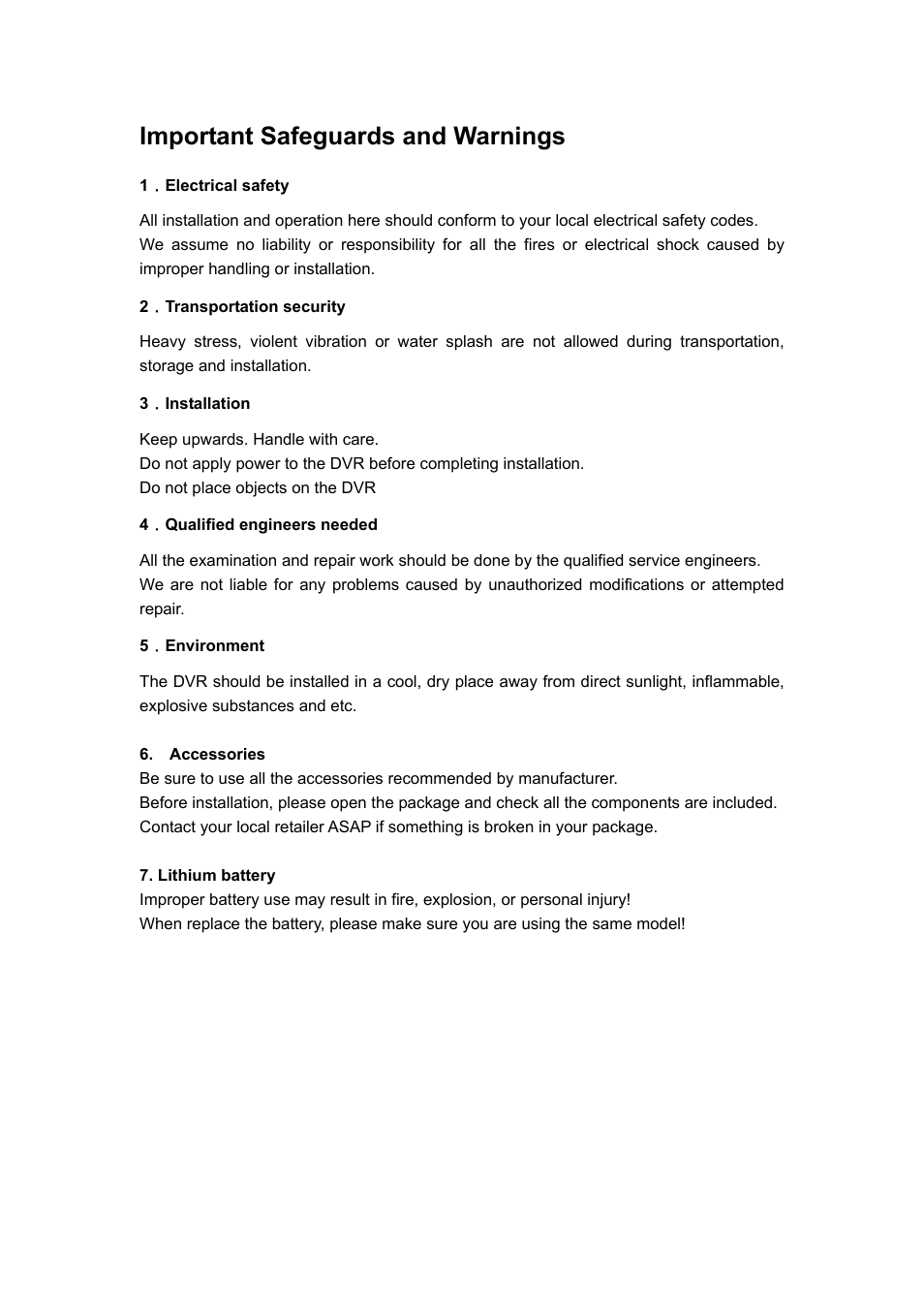 Important safeguards and warnings | DVR systems DVRxx04HF-U Series User Manual | Page 10 / 193