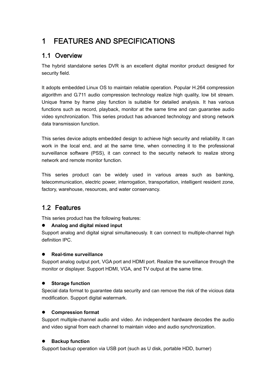 1 features and specifications, 1 overview, 2 features | DVR systems DVRxx04HF-U Series User Manual | Page 11 / 193