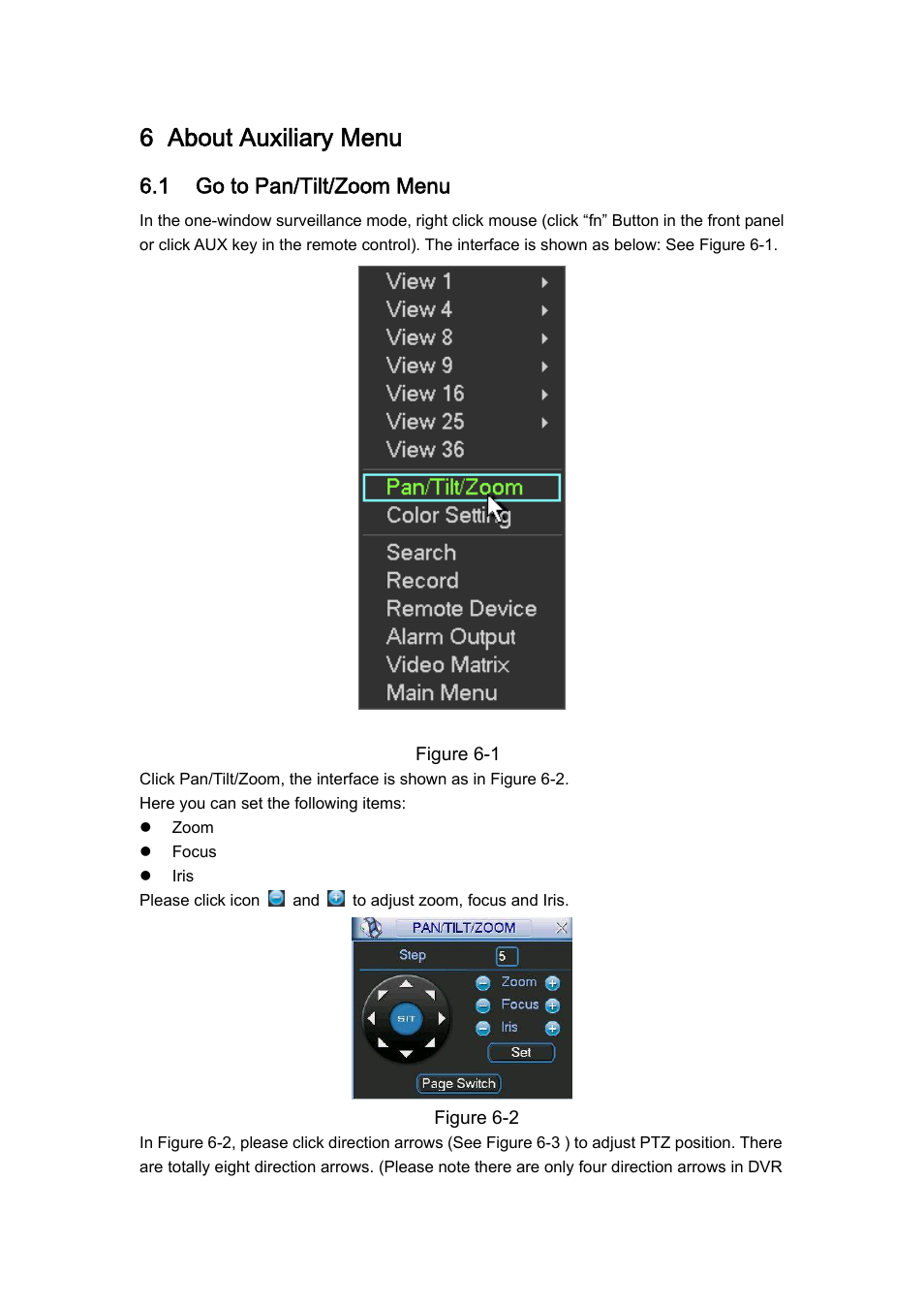 6 about auxiliary menu, 1 go to pan/tilt/zoom menu | DVR systems DVRxx04HF-U Series User Manual | Page 115 / 193