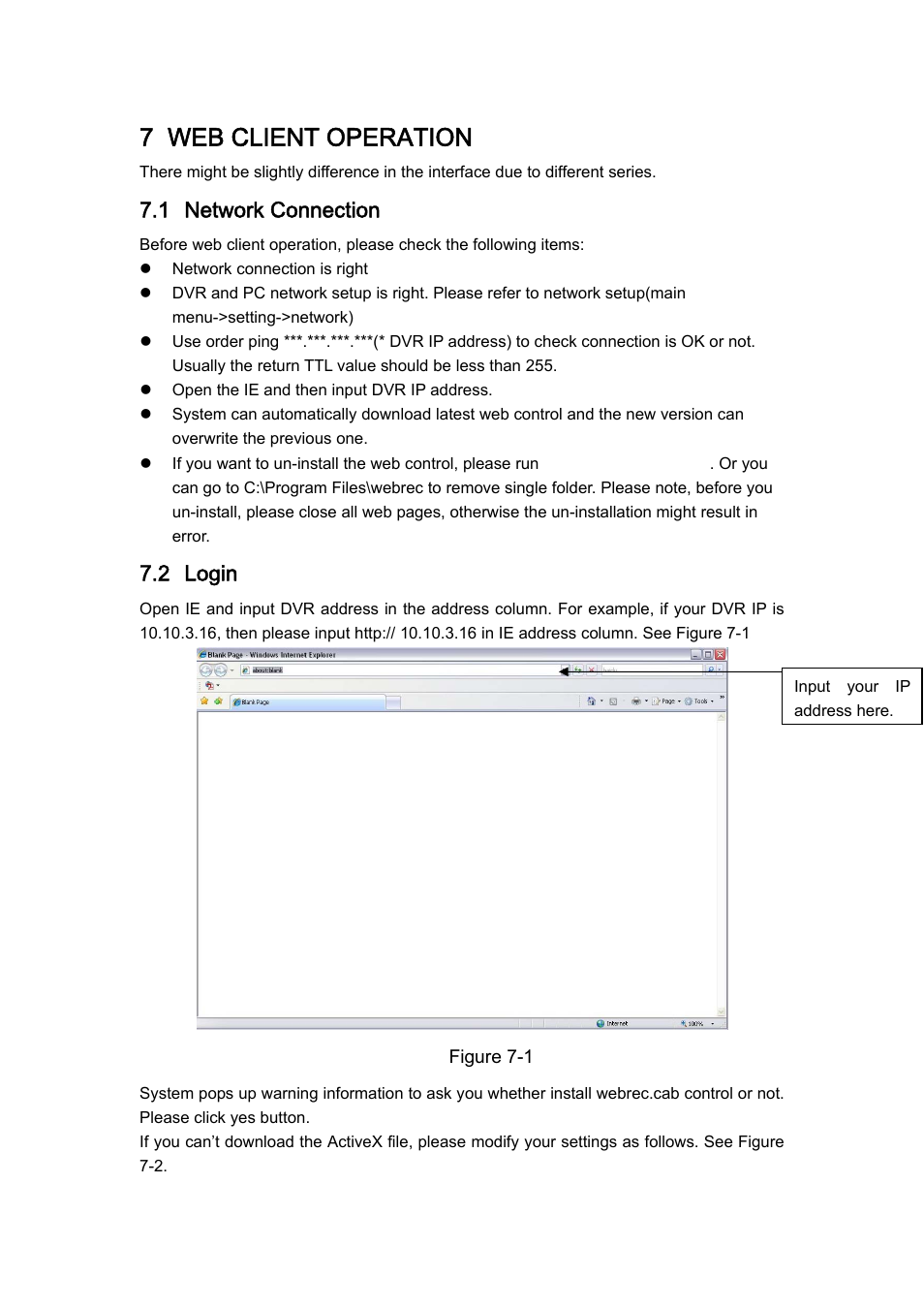 7 web client operation, 1 network connection, 2 login | DVR systems DVRxx04HF-U Series User Manual | Page 120 / 193