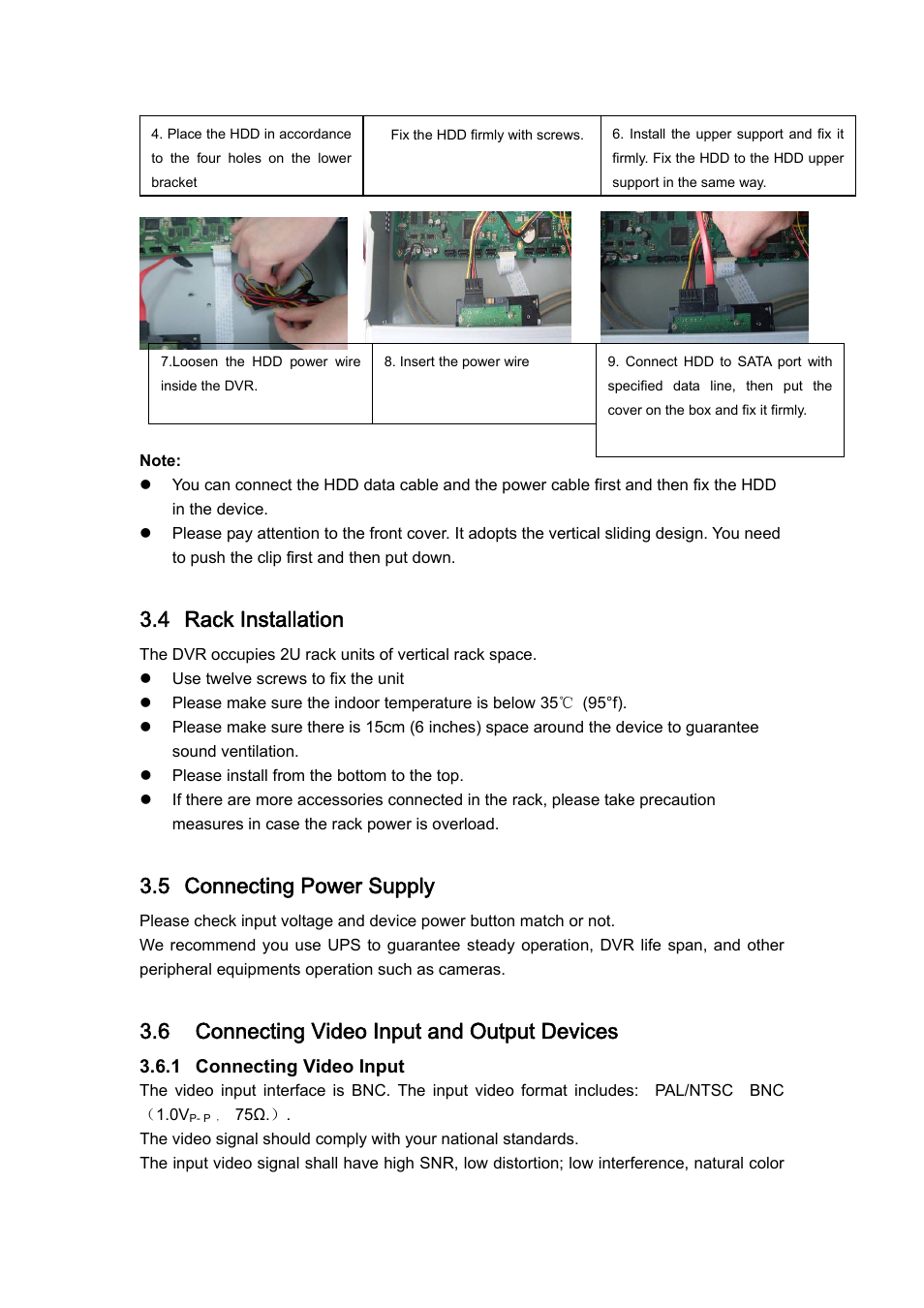 4 rack installation, 5 connecting power supply, 6 connecting video input and output devices | 1 connecting video input | DVR systems DVRxx04HF-U Series User Manual | Page 38 / 193