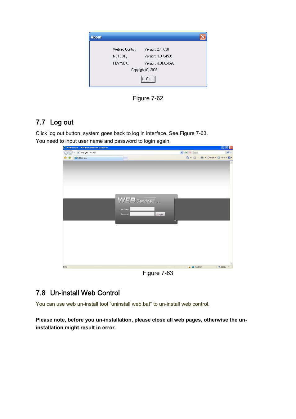 7 log out, 8 un-install web control | DVR systems DVRxx04LE-A Series User Manual | Page 134 / 156