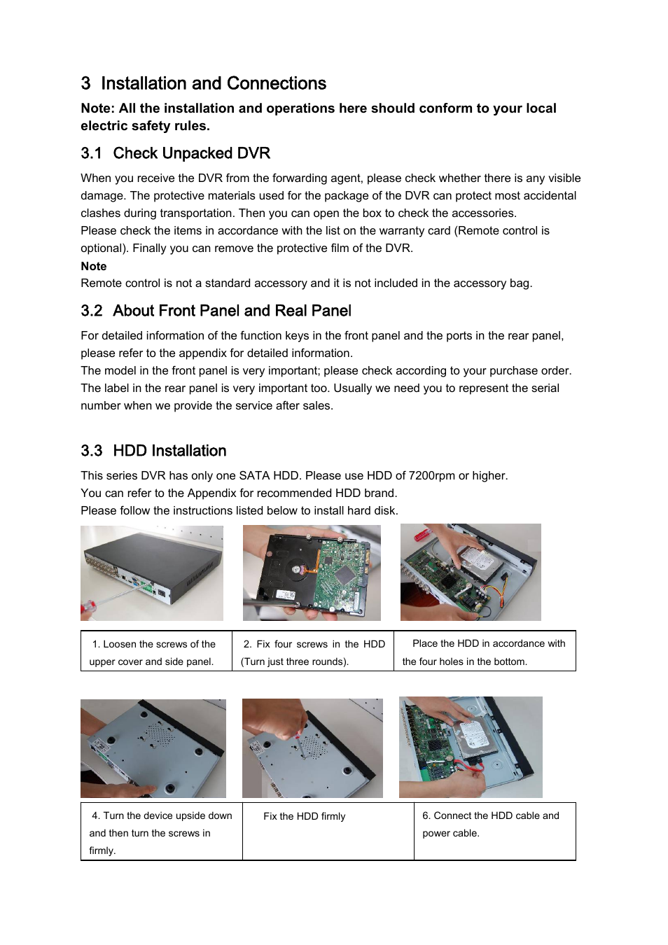 3 installation and connections, 1 check unpacked dvr, 2 about front panel and real panel | 3 hdd installation | DVR systems DVRxx04LE-A Series User Manual | Page 23 / 156