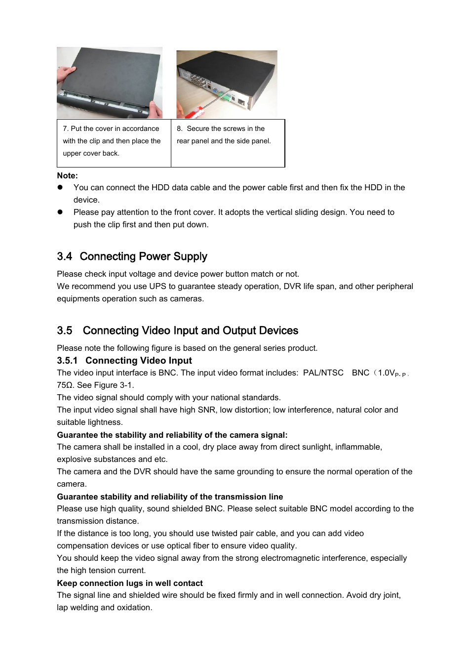 4 connecting power supply, 5 connecting video input and output devices | DVR systems DVRxx04LE-A Series User Manual | Page 24 / 156