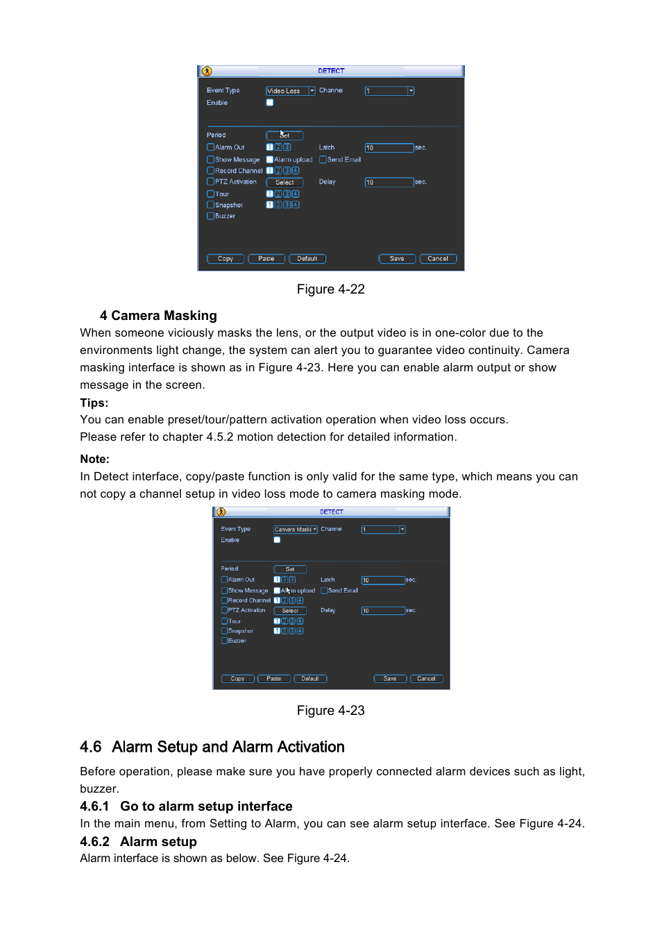 6 alarm setup and alarm activation | DVR systems DVRxx04LE-A Series User Manual | Page 45 / 156