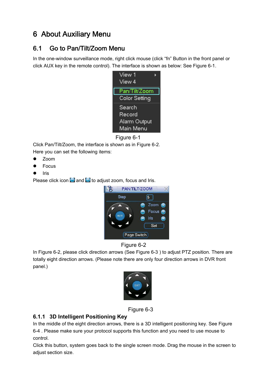 6 about auxiliary menu, 1 go to pan/tilt/zoom menu | DVR systems DVRxx04LE-A Series User Manual | Page 88 / 156