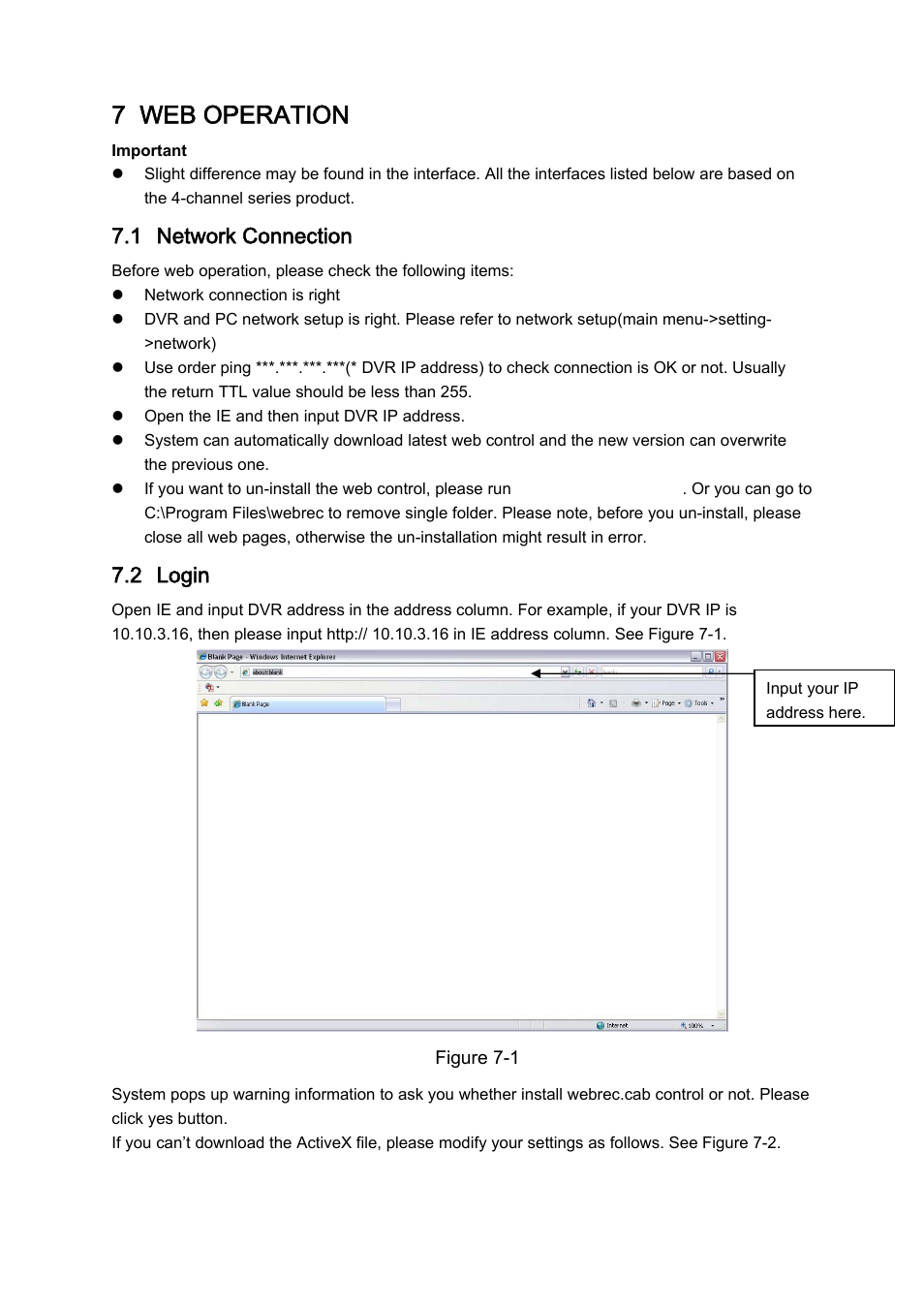 7 web operation, 1 network connection, 2 login | DVR systems DVRxx04LE-A Series User Manual | Page 92 / 156