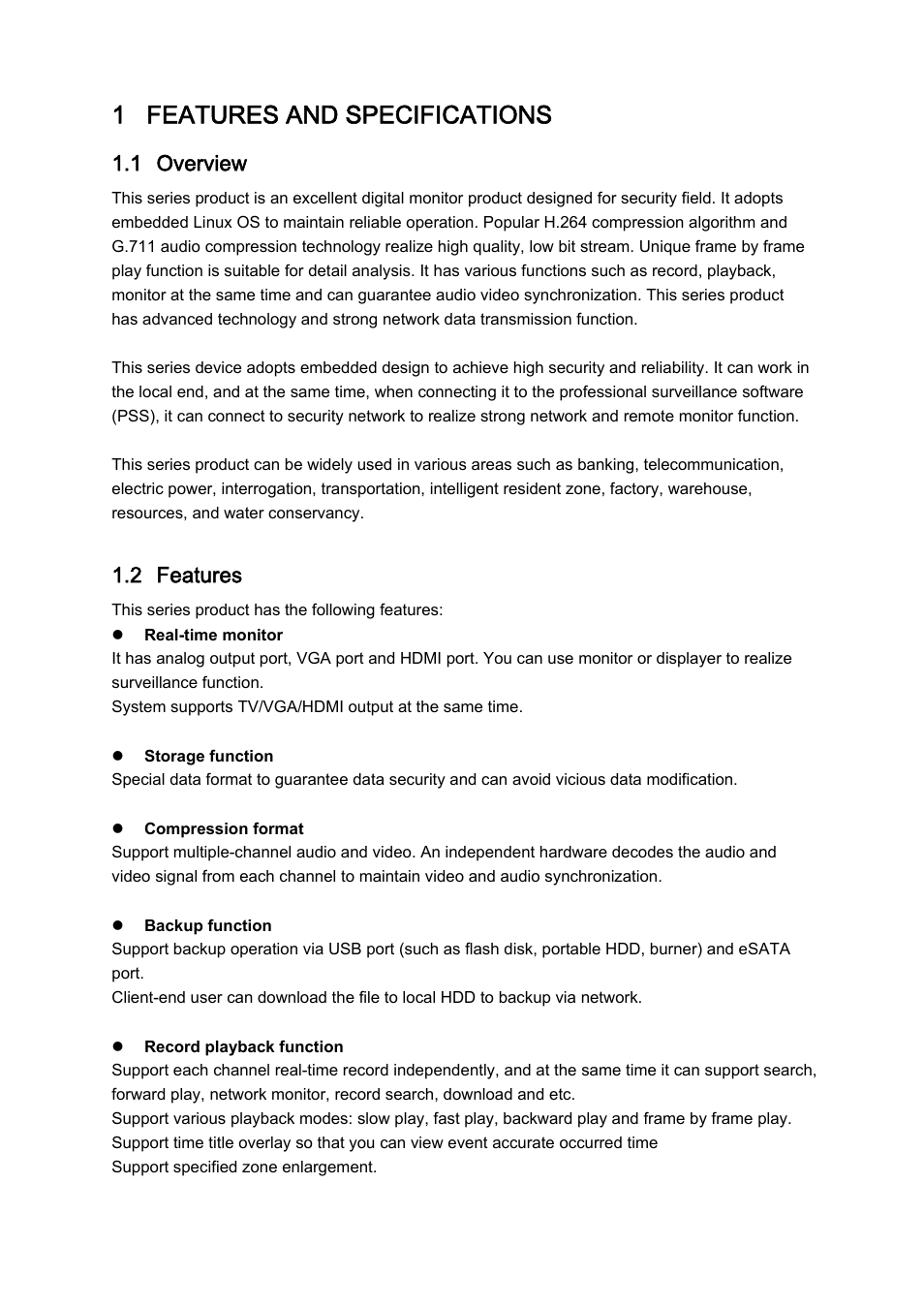 1 features and specifications, 1 overview, 2 features | DVR systems DVRxx04LE-S(U) Series User Manual | Page 10 / 174