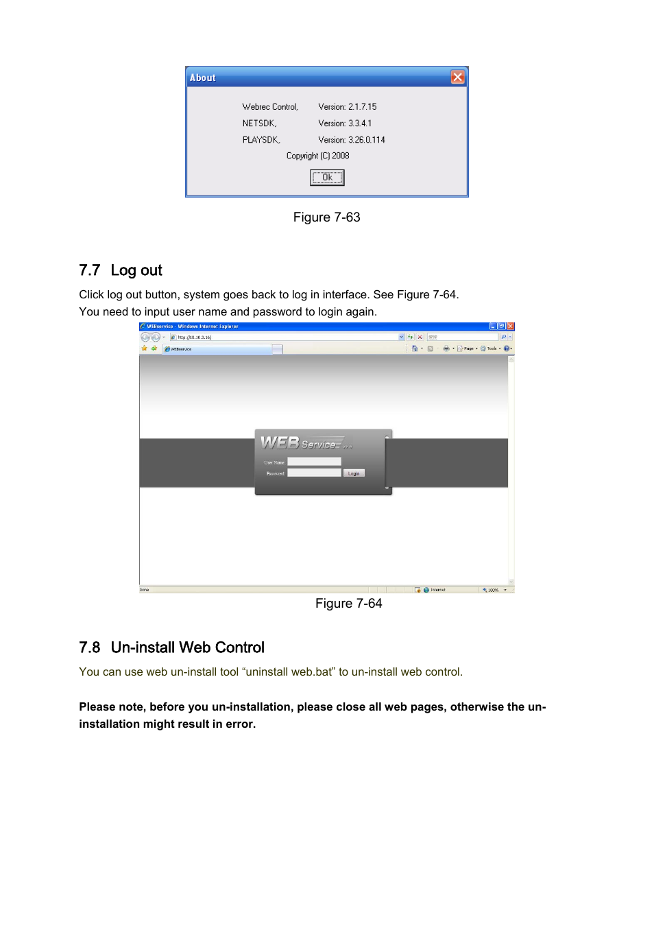 7 log out, 8 un-install web control | DVR systems DVRxx04LE-S(U) Series User Manual | Page 152 / 174