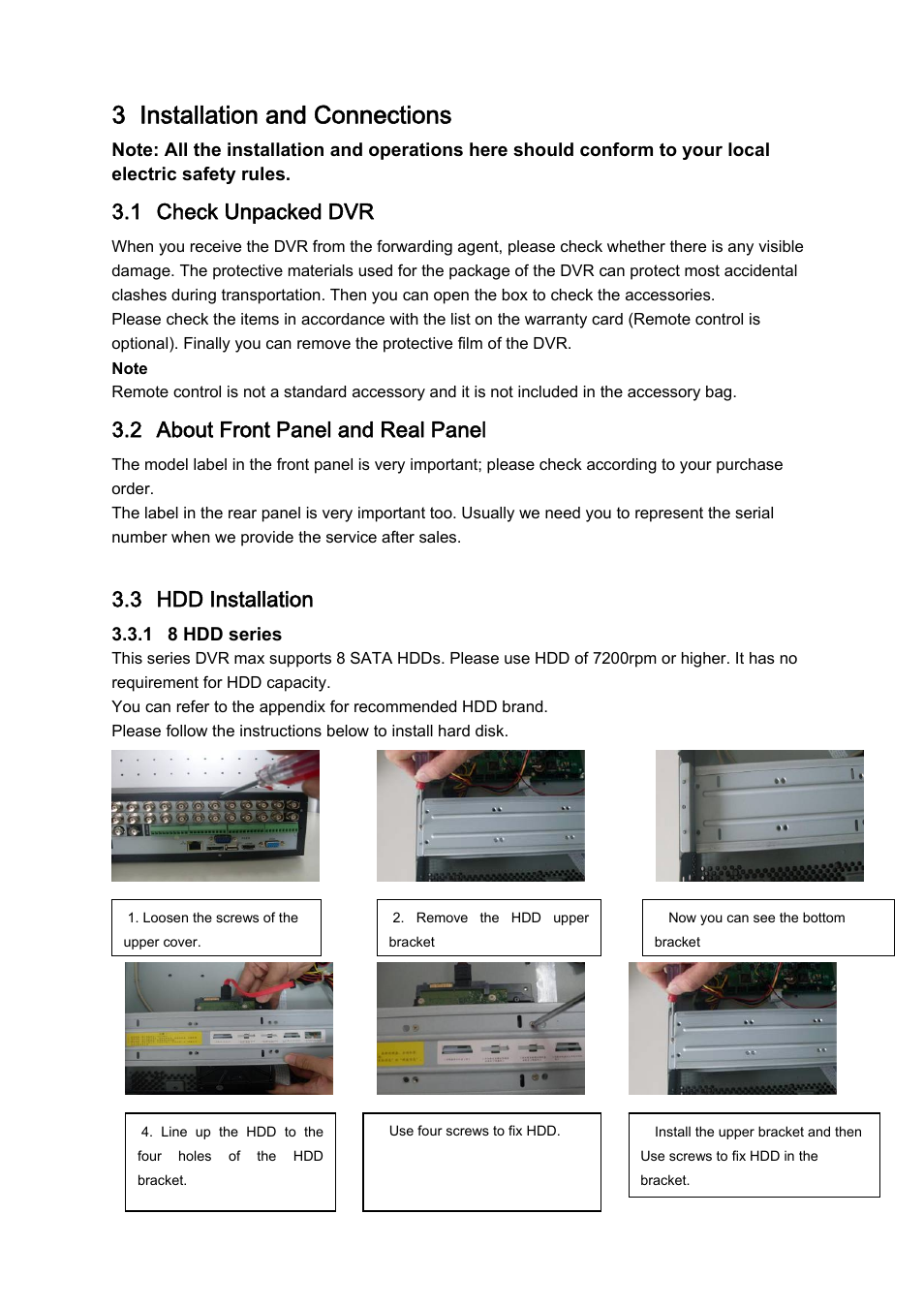 3 installation and connections, 1 check unpacked dvr, 2 about front panel and real panel | 3 hdd installation | DVR systems DVRxx04LE-S(U) Series User Manual | Page 35 / 174