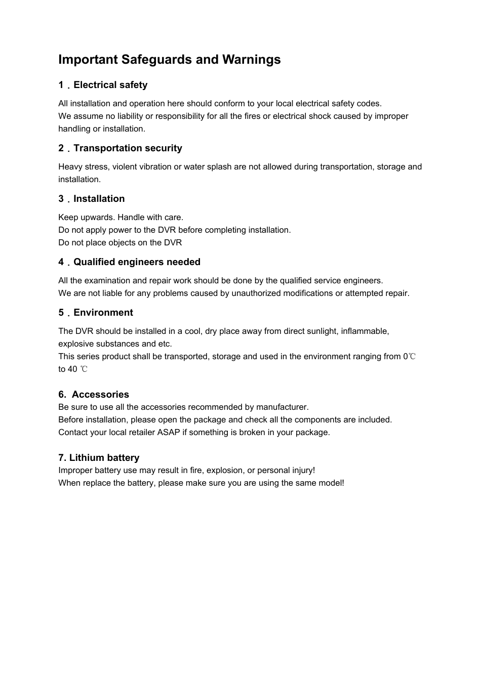 Important safeguards and warnings | DVR systems DVRxx04LE-S(U) Series User Manual | Page 9 / 174
