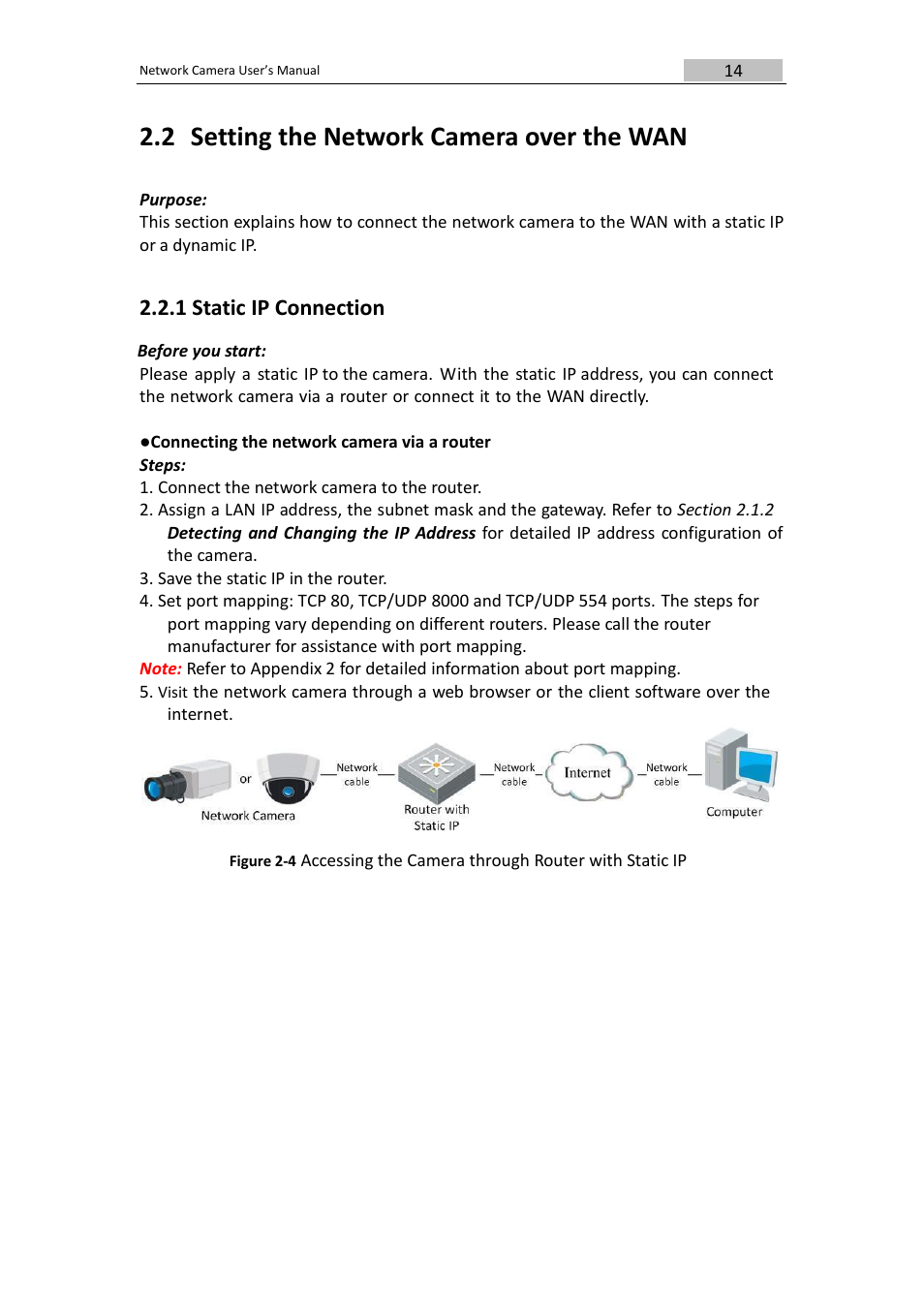 2 setting the network camera over the wan, 1 static ip connection | DVR systems IPC User Manual | Page 15 / 93