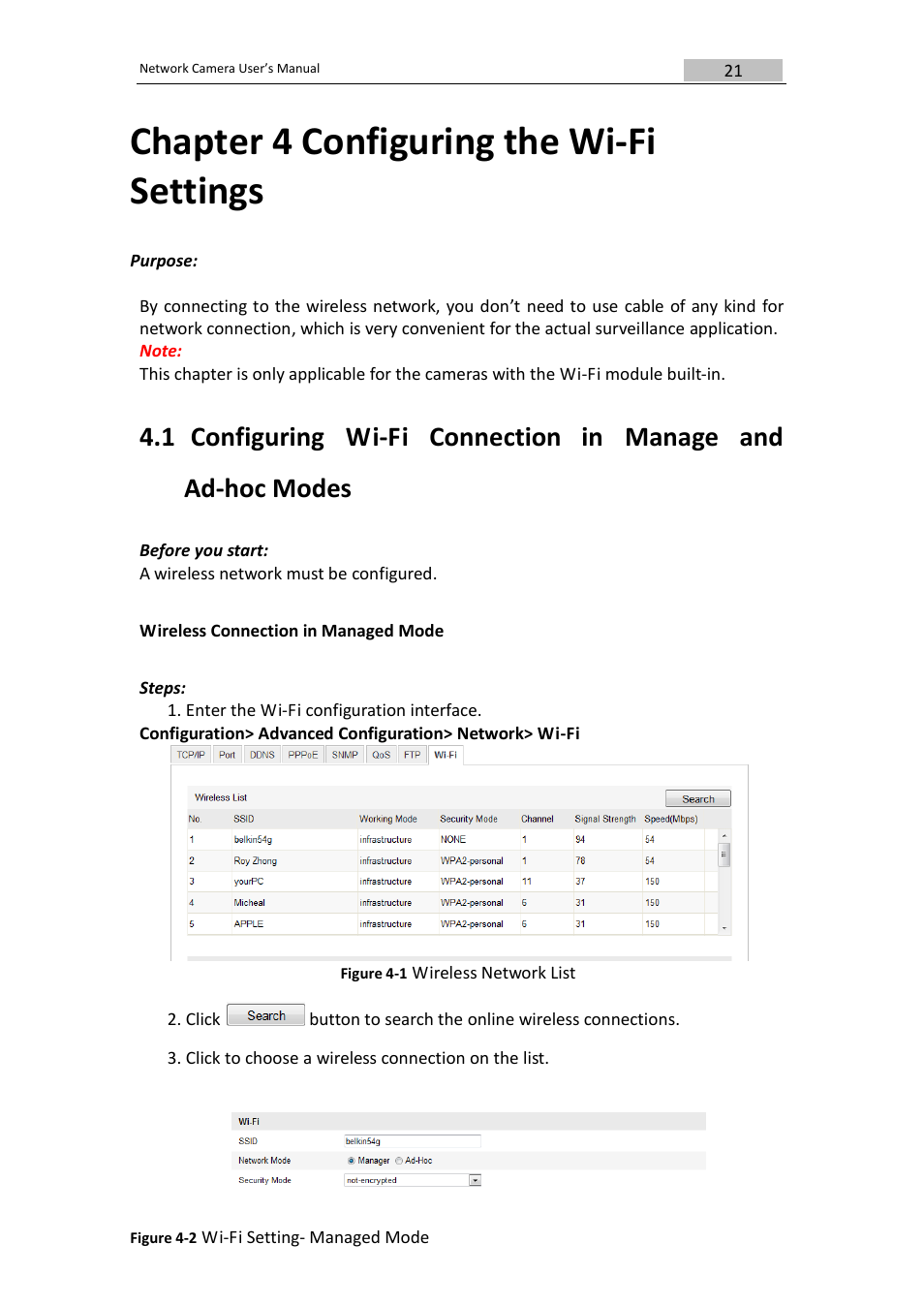 Chapter 4 configuring the wi-fi settings, 1 configuring wi-fi connection in manage and, Ad-hoc modes | DVR systems IPC User Manual | Page 22 / 93