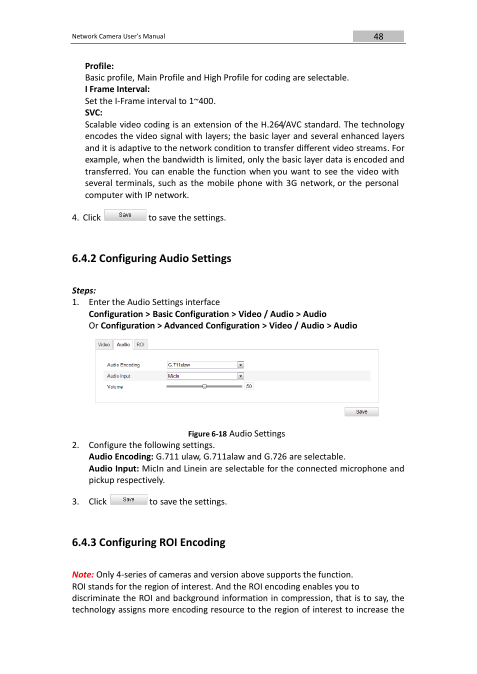 2 configuring audio settings, 3 configuring roi encoding, Click to save the settings | DVR systems IPC User Manual | Page 49 / 93