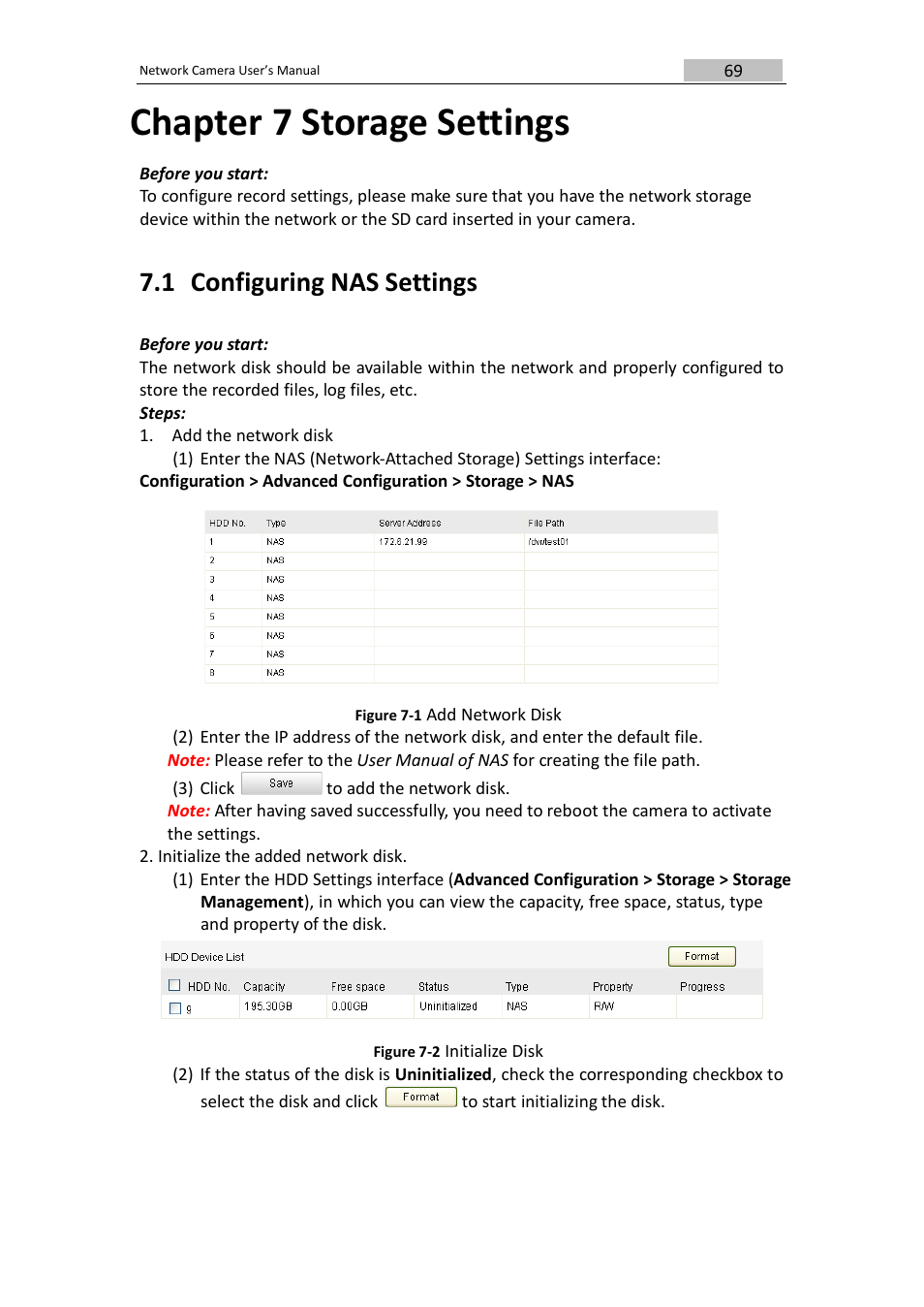 Chapter 7 storage settings, 1 configuring nas settings | DVR systems IPC User Manual | Page 70 / 93