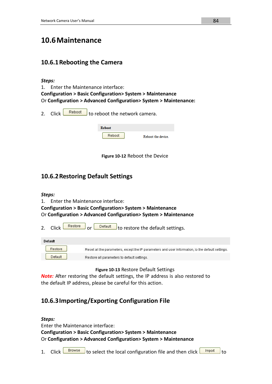 6 maintenance, 1 rebooting the camera, 2 restoring default settings | 3 importing/exporting configuration file | DVR systems IPC User Manual | Page 86 / 93