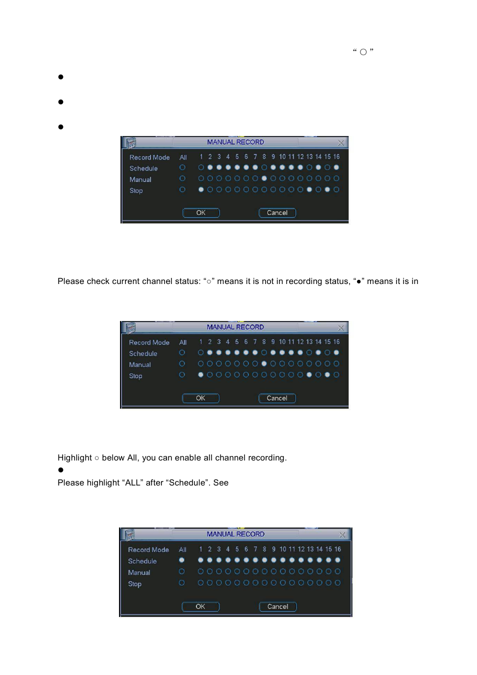 Enable/disable record, Enable all channel recording | DVR systems NVR38xx Series User Manual | Page 70 / 138