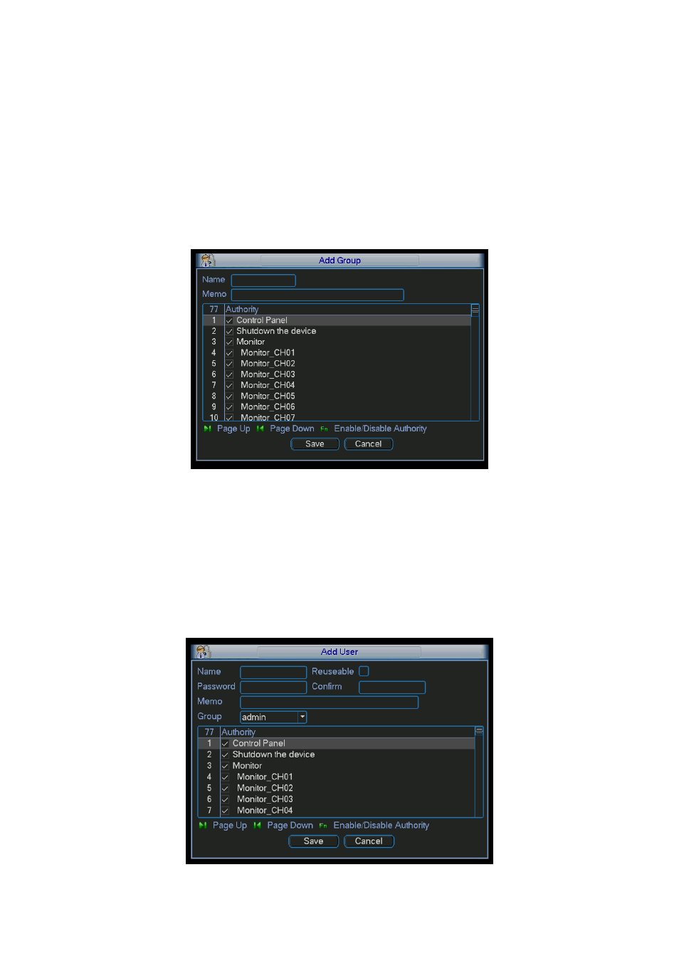 Add/modify group, Add/modify user | DVR systems NVR38xx Series User Manual | Page 73 / 138