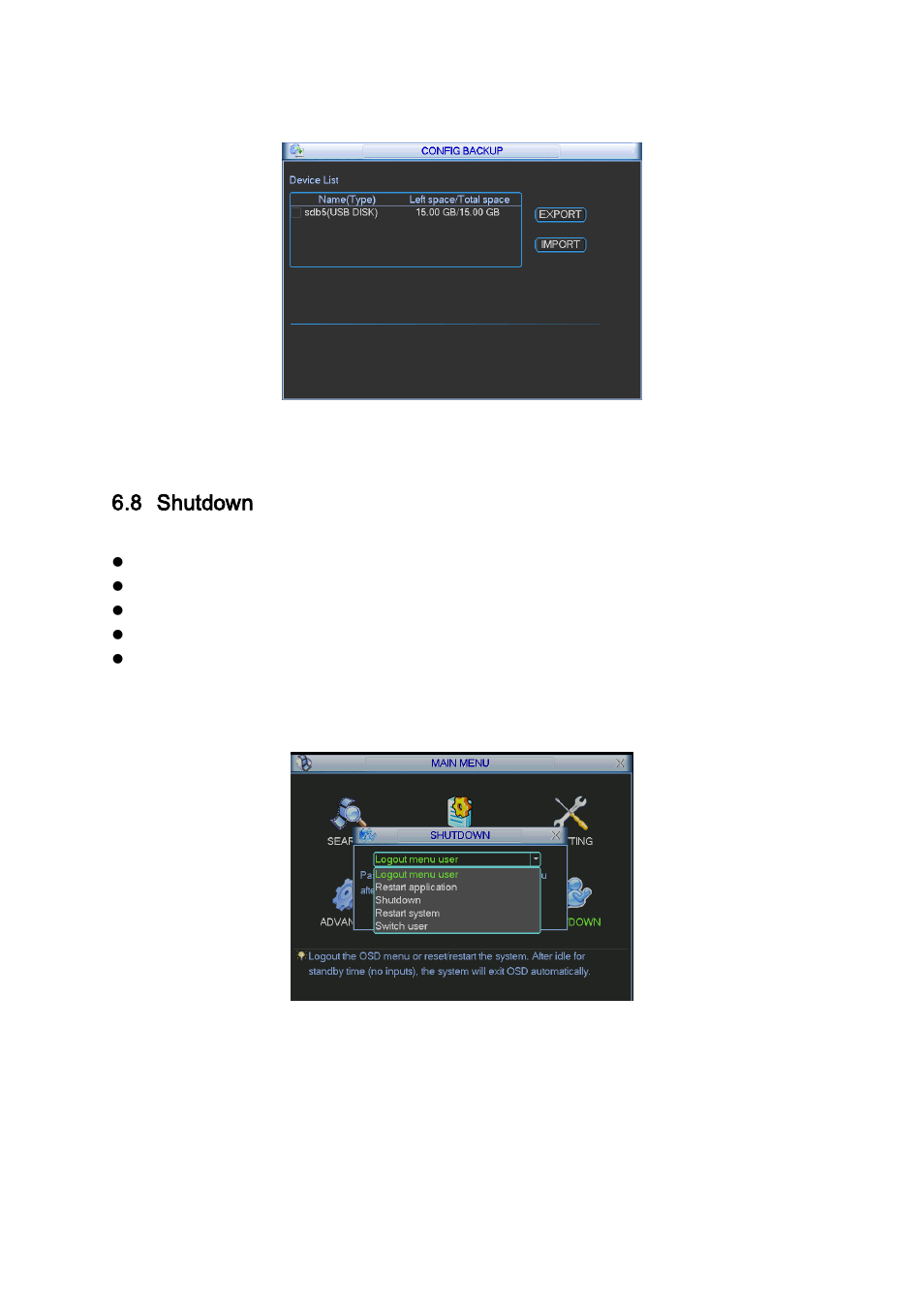 Shutdown, 8 shutdown | DVR systems NVR38xx Series User Manual | Page 75 / 138