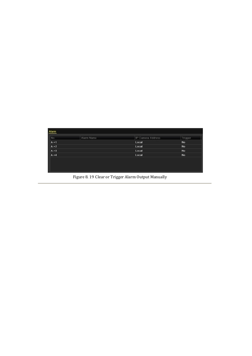 7 triggering or clearing alarm output, Manually | DVR systems NVR60xx Series User Manual | Page 129 / 192