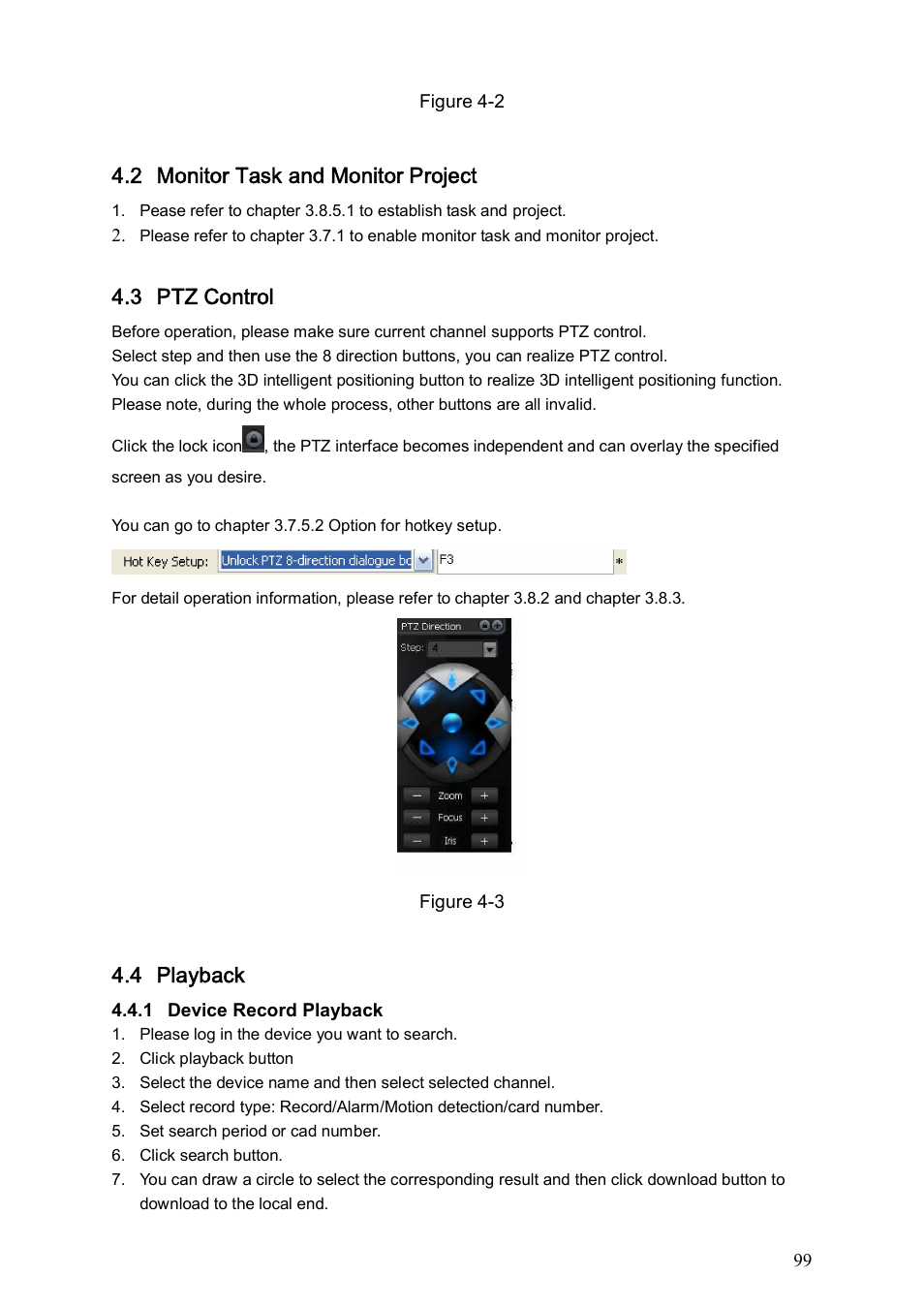 2 monitor task and monitor project, 3 ptz control, 4 playback | DVR systems PSS ENG User Manual | Page 105 / 112