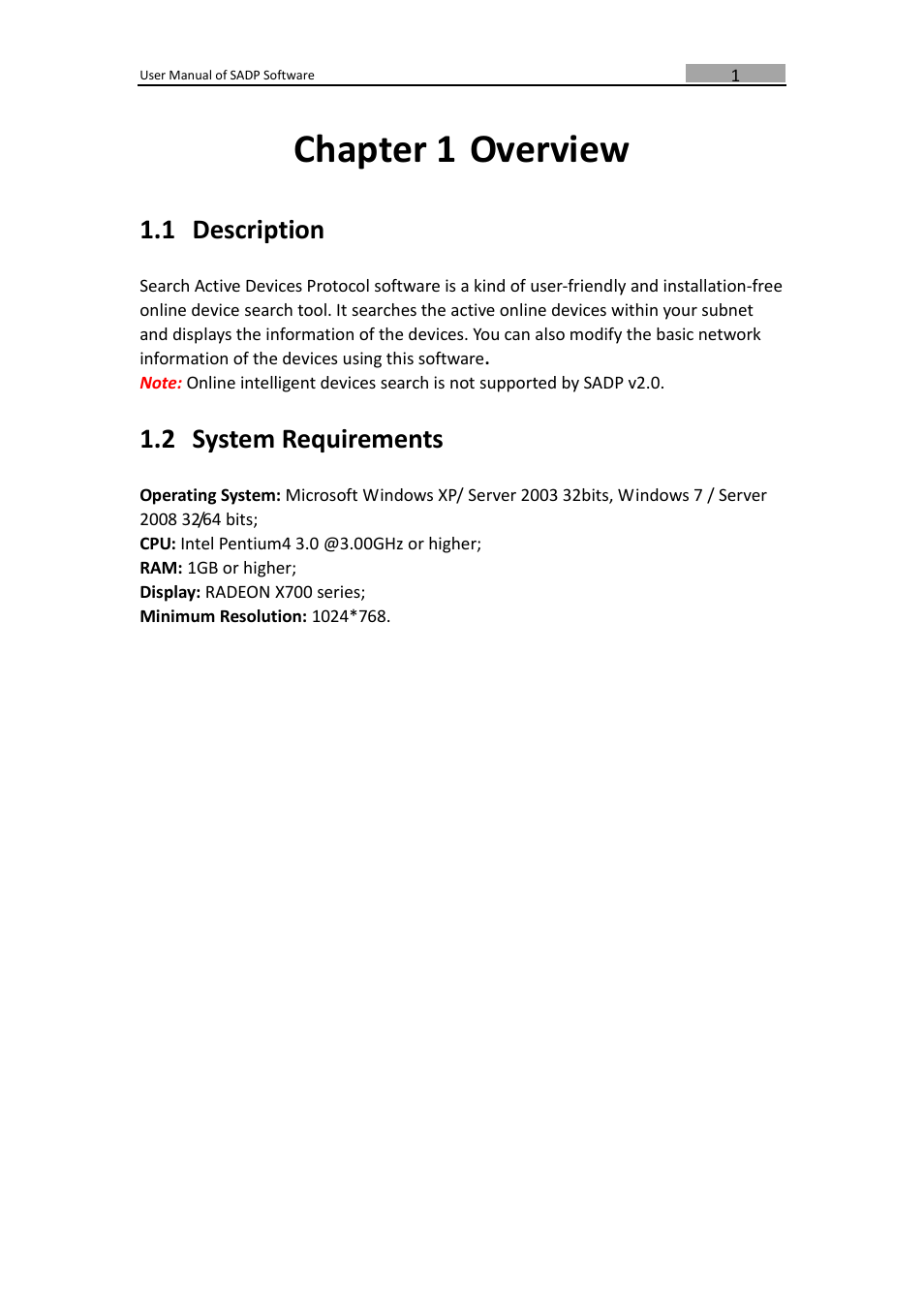 Chapter 1 overview, 1 description, 2 system requirements | Chapter 1, Overview, Description, System requirements | DVR systems SADP User Manual | Page 3 / 10