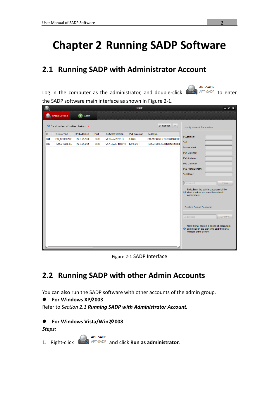 Chapter 2 running sadp software, 1 running sadp with administrator account, 2 running sadp with other admin accounts | Chapter 2, Running sadp software, Running sadp with administrator account, Running sadp with other admin accounts | DVR systems SADP User Manual | Page 4 / 10