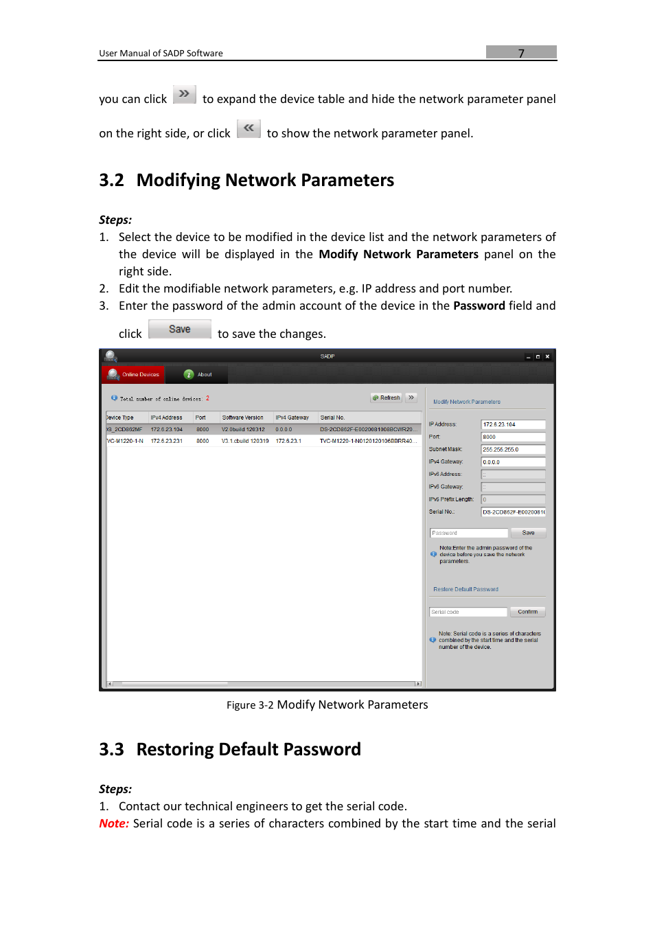 2 modifying network parameters, 3 restoring default password, Modifying network parameters | Restoring default password | DVR systems SADP User Manual | Page 9 / 10