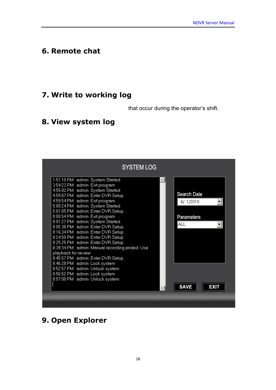 Remote chat, Write to working log, View system log | Open explorer | DVR systems WatchNET Software User Manual | Page 28 / 139