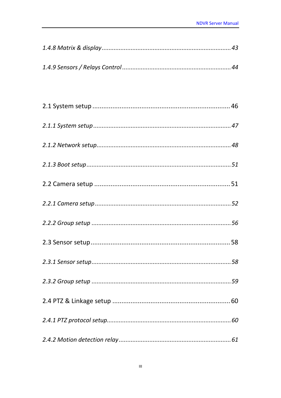 Chapter2 local setup, 1 system setup, 2 camera setup | 3 sensor setup, 4 ptz & linkage setup | DVR systems WatchNET Software User Manual | Page 3 / 139