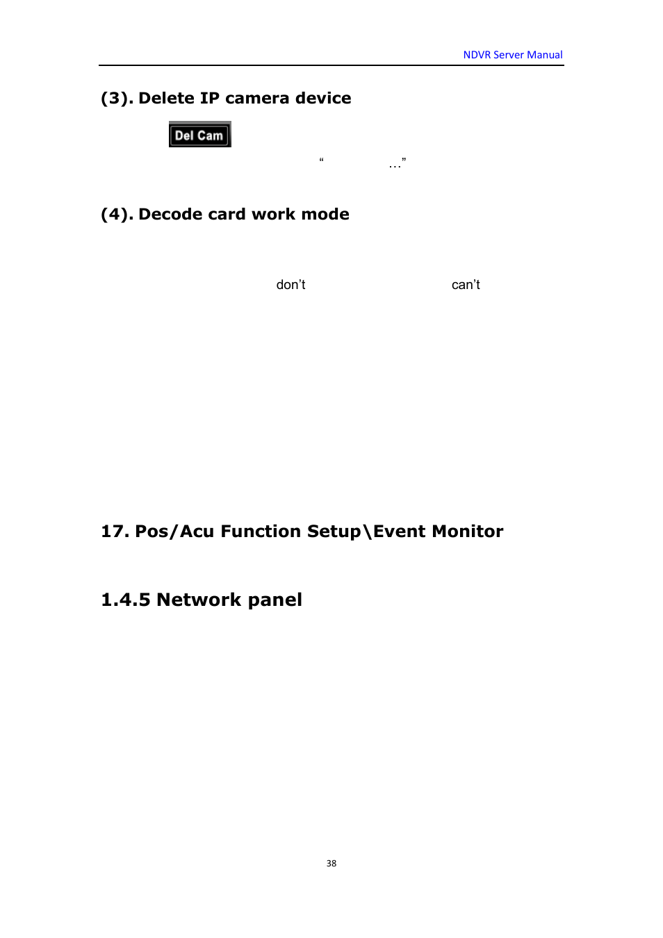 5 network panel, Pos/acu function setup\event monitor | DVR systems WatchNET Software User Manual | Page 38 / 139