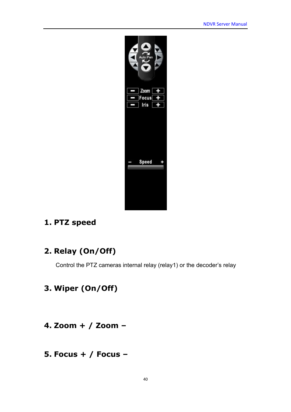 Ptz speed, Relay (on/off), Wiper (on/off) | Zoom + / zoom, Focus + / focus | DVR systems WatchNET Software User Manual | Page 40 / 139