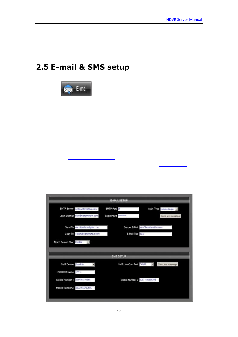 5 e-mail & sms setup, Email & sms setup | DVR systems WatchNET Software User Manual | Page 63 / 139