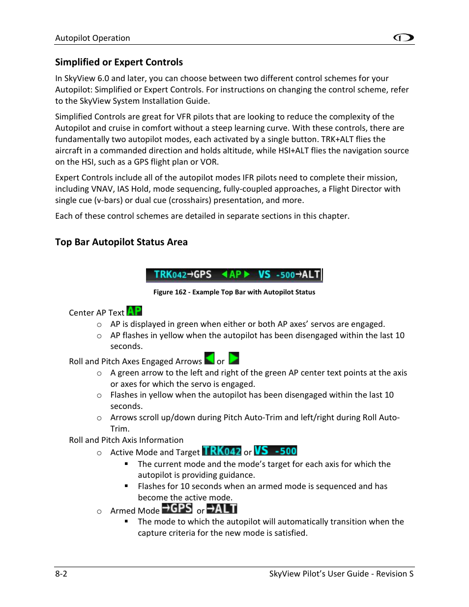 Simplified or expert controls -2, Top bar autopilot status area -2 | Dynon Avionics SkyView Pilots Users Guide User Manual | Page 168 / 239