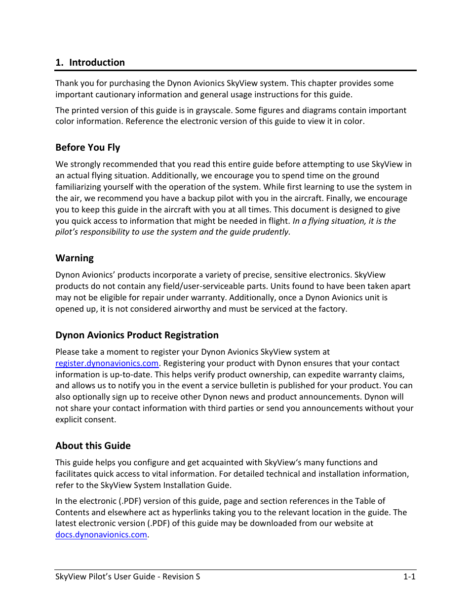 Introduction, Before you fly -1, Warning -1 | Dynon avionics product registration -1, About this guide -1 | Dynon Avionics SkyView Pilots Users Guide User Manual | Page 19 / 239